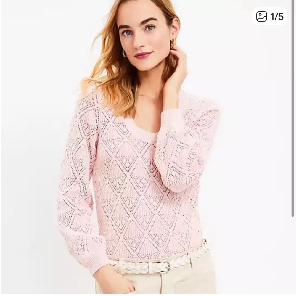 Loft Blush Light Pink Pointelle Scoop-Neck Knit Sweater